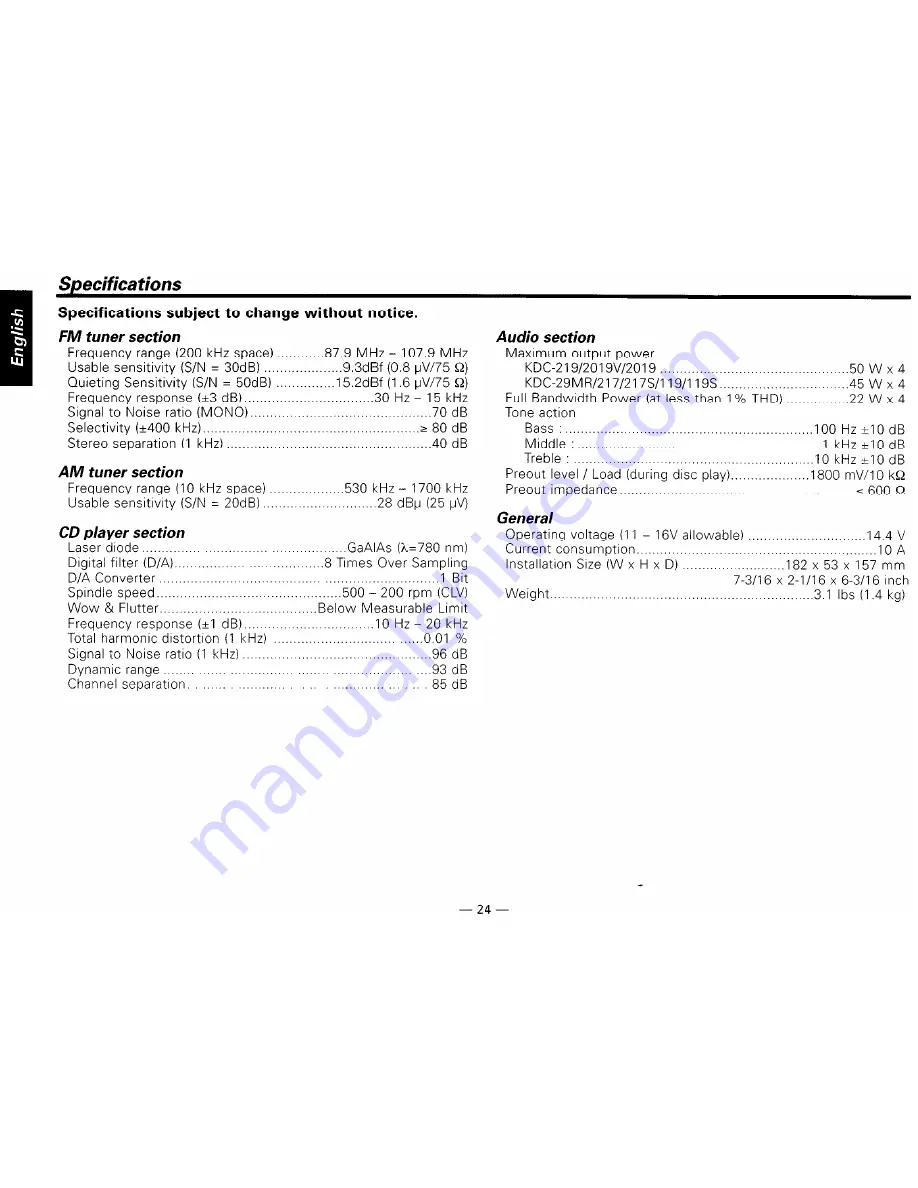 Kenwood KDC-119 Instruction Manual Download Page 24