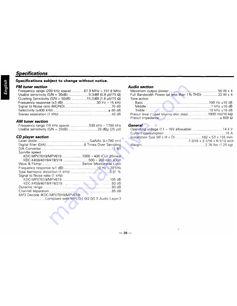 Kenwood KDC-319 Скачать руководство пользователя страница 36