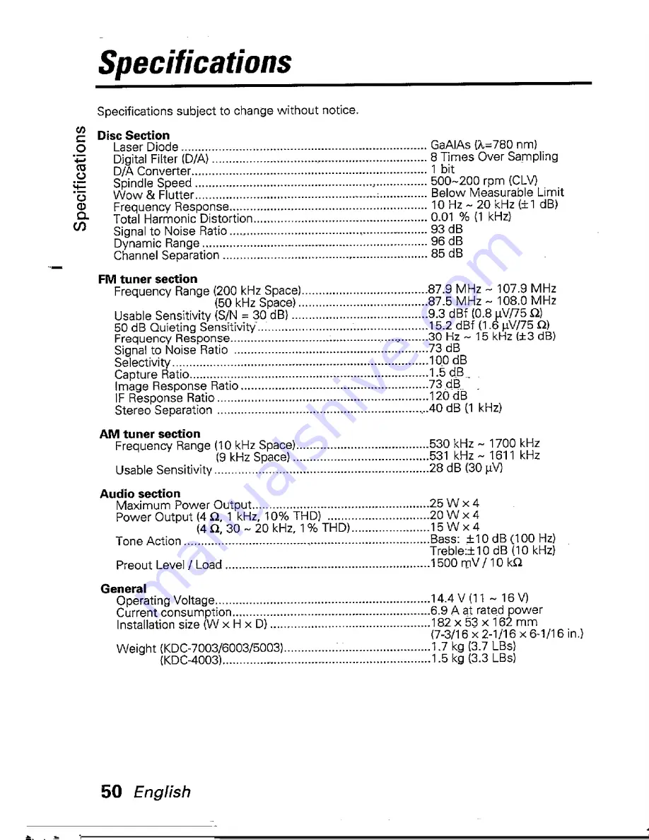 Kenwood KDC-4003 Instruction Manual Download Page 50