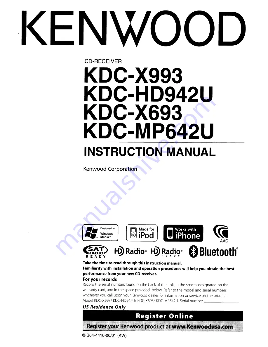 Kenwood KDC-HD942U Instruction Manual Download Page 1