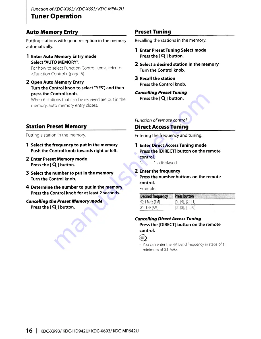 Kenwood KDC-HD942U Instruction Manual Download Page 16