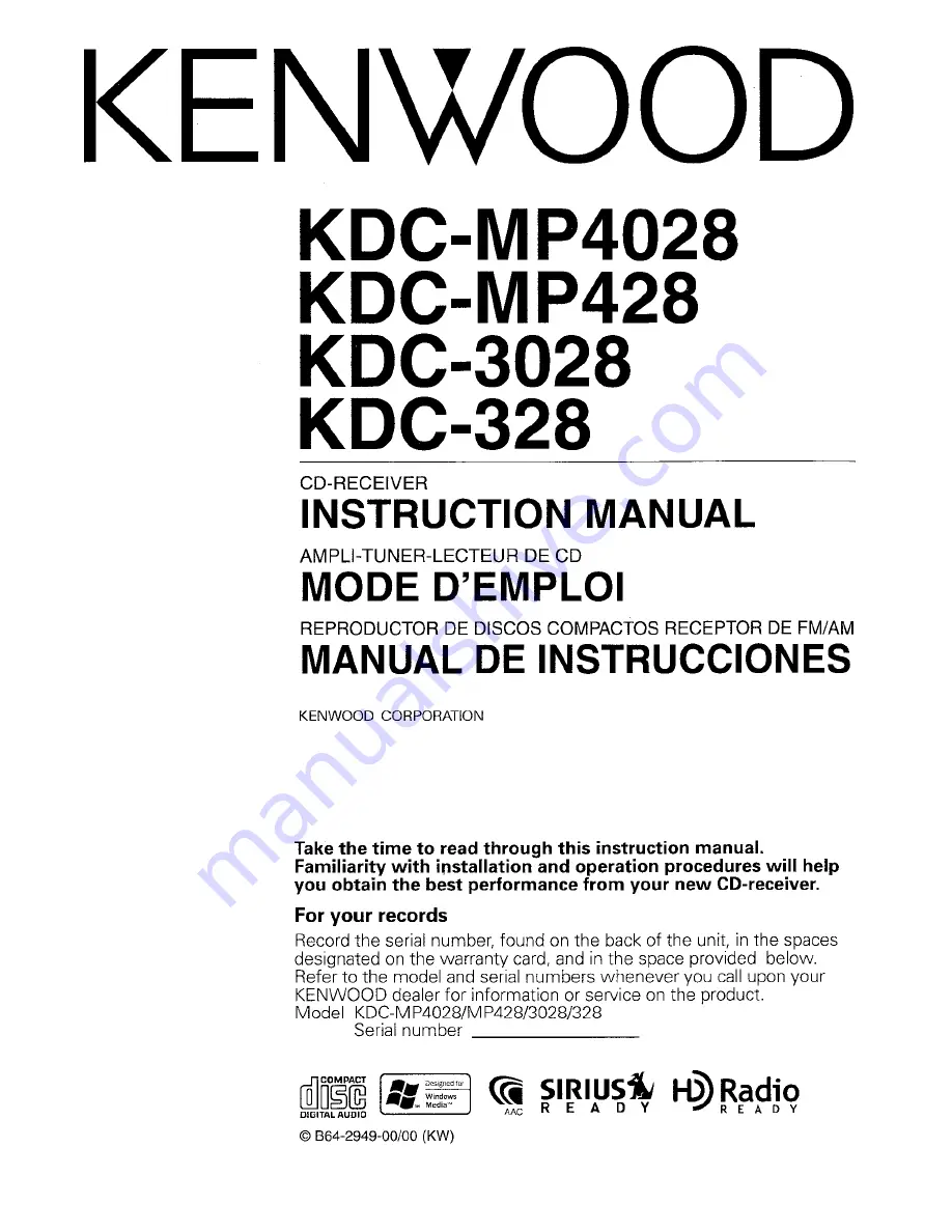 Kenwood KDC-MP3028 Скачать руководство пользователя страница 1