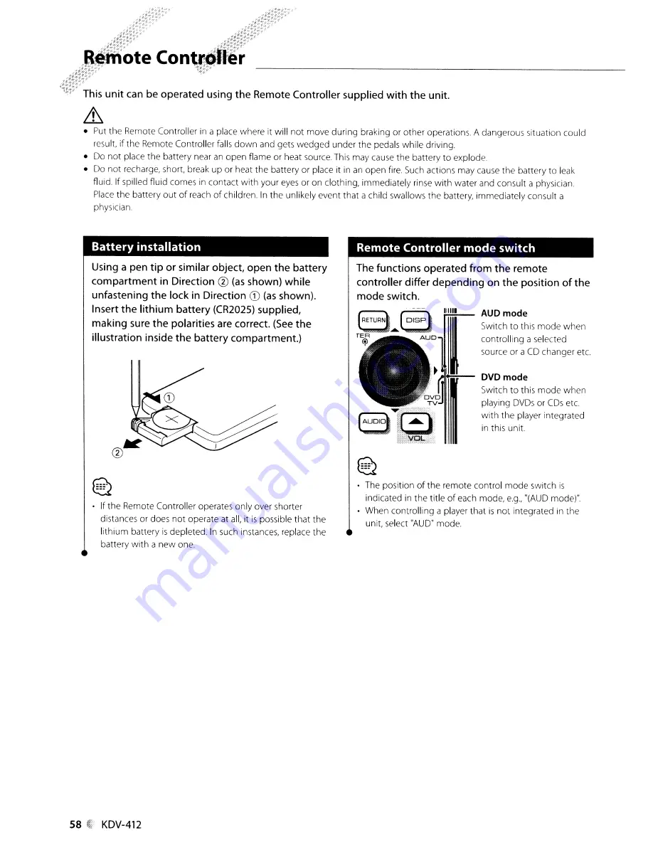 Kenwood KDV-412 Instruction Manual Download Page 58