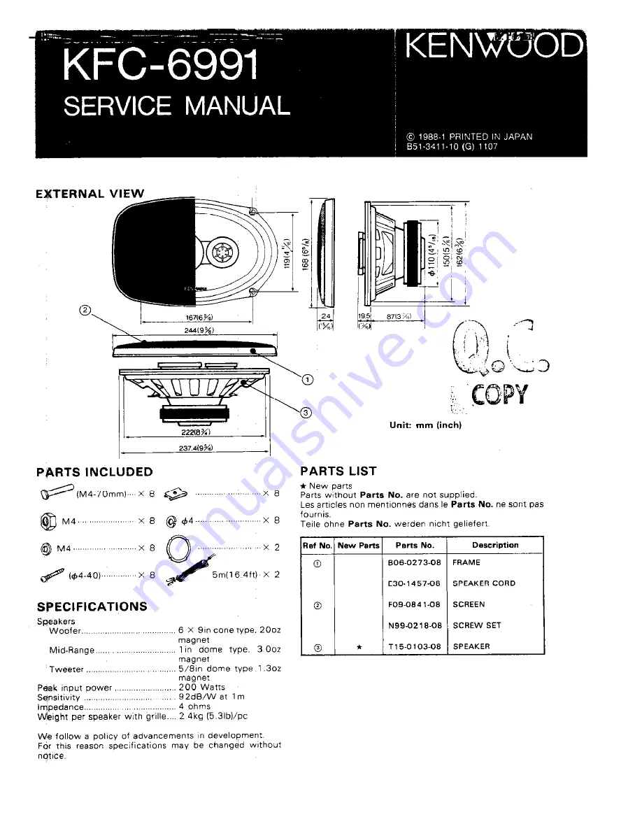 Kenwood KFC-6991 Service Manual Download Page 1