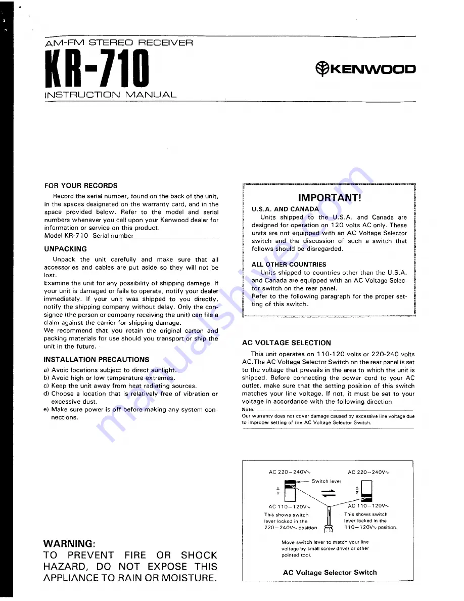 Kenwood KR-710 Instruction Manual Download Page 1