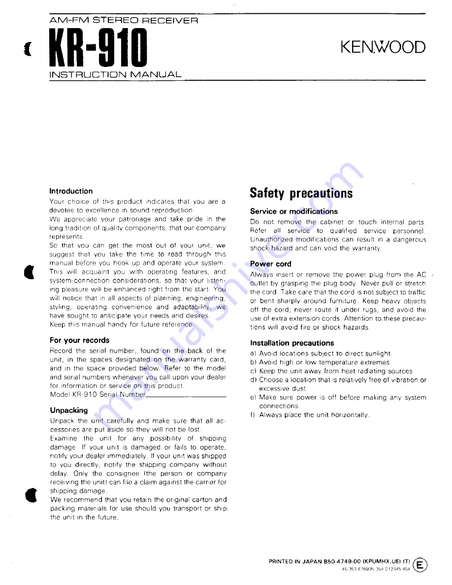 Kenwood KR-910 Instruction Manual Download Page 1