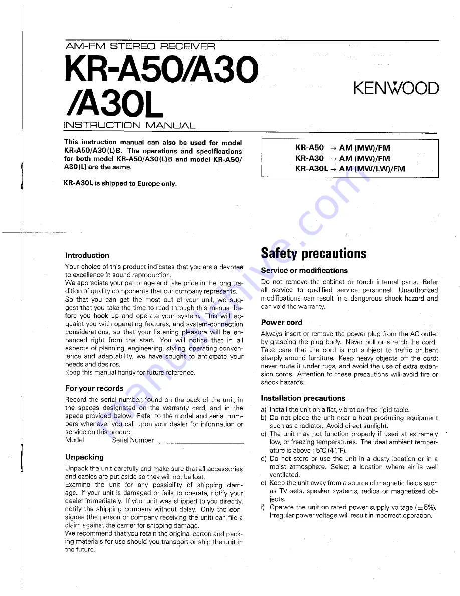 Kenwood KR-A30 Instruction Manual Download Page 1