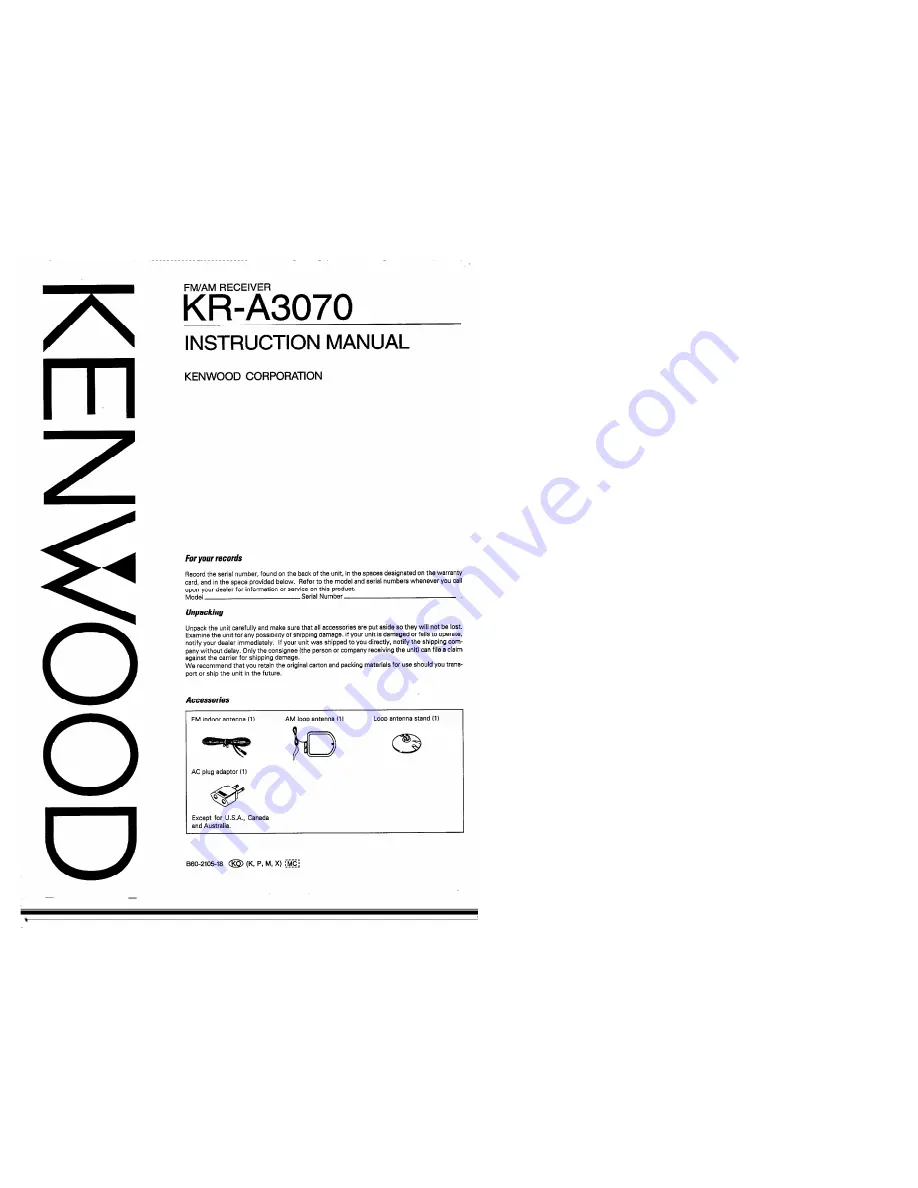 Kenwood KR-A3070 Скачать руководство пользователя страница 1