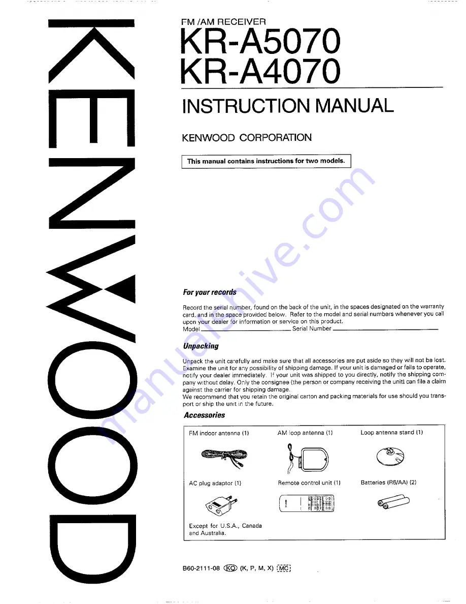 Kenwood KR-A4070 Instruction Manual Download Page 1