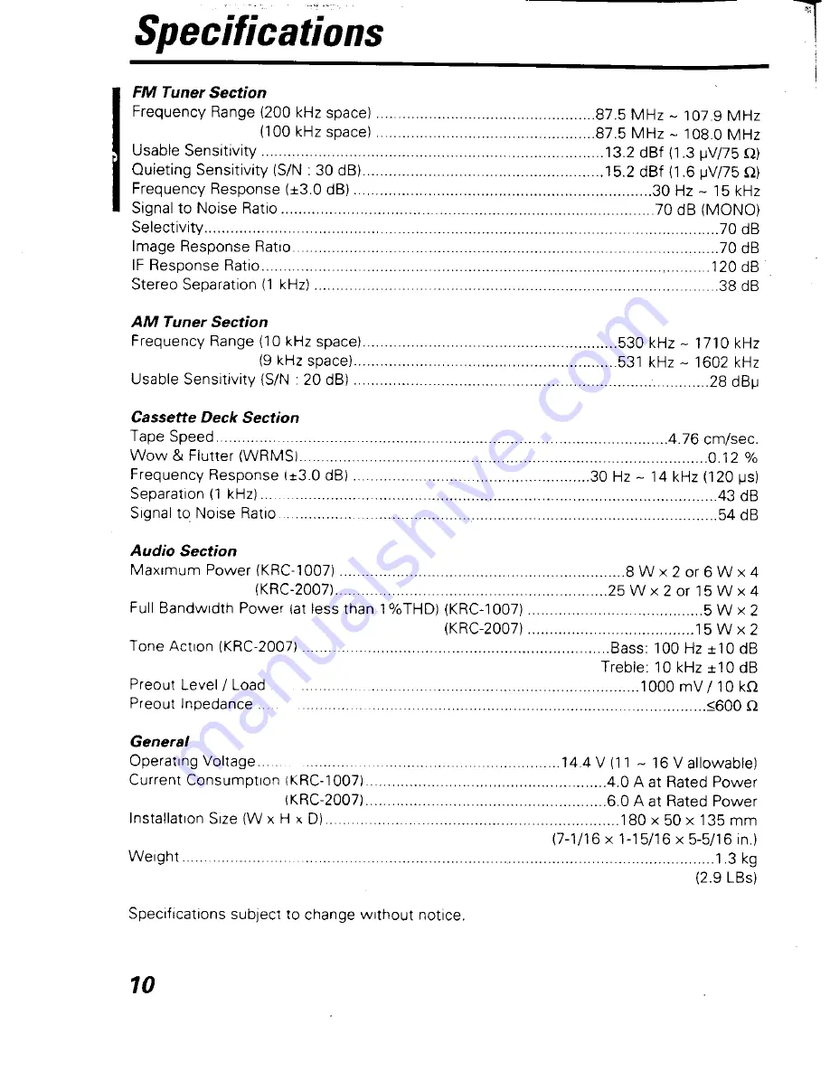 Kenwood KRC-1007 Instruction Manual Download Page 10