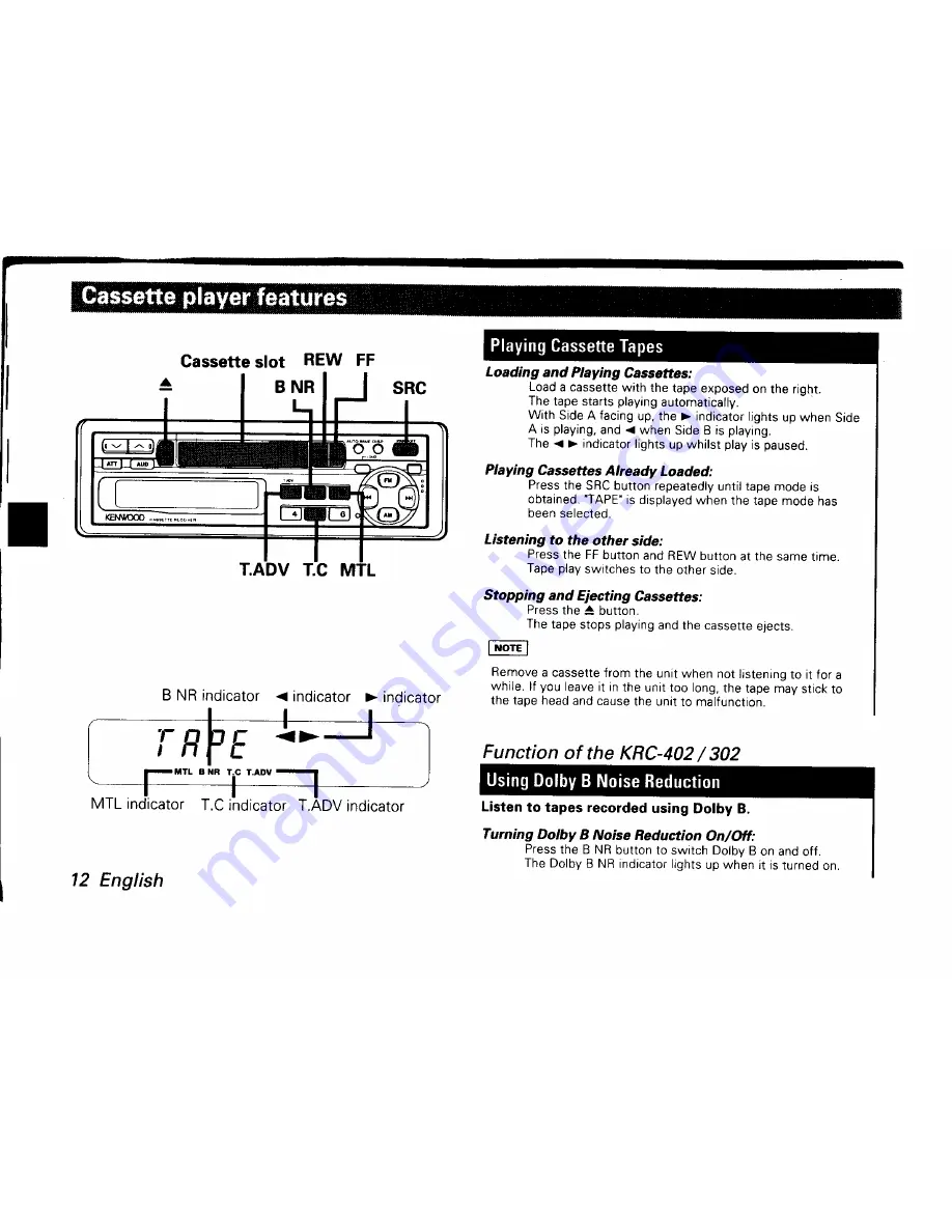 Kenwood KRC-302 Instruction Manual Download Page 12