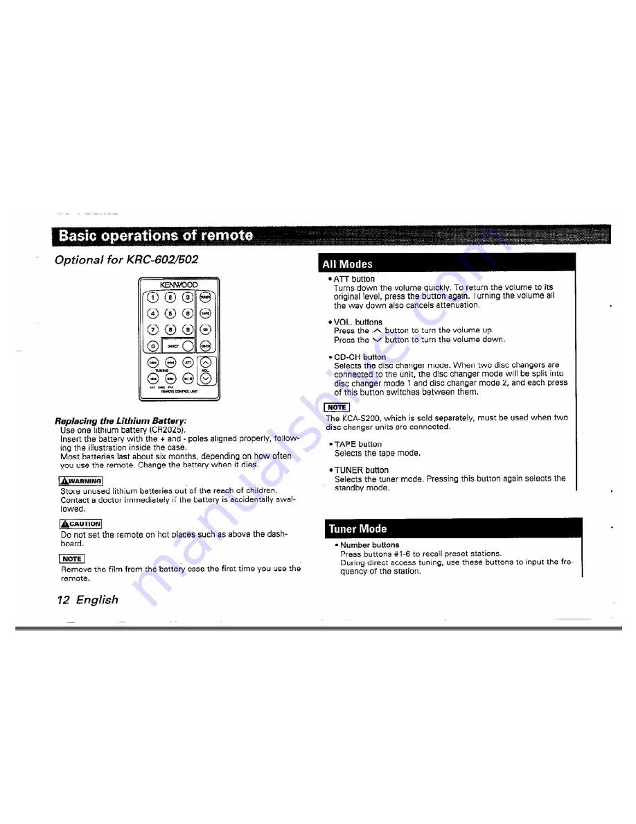 Kenwood KRC-502 Instruction Manual Download Page 12