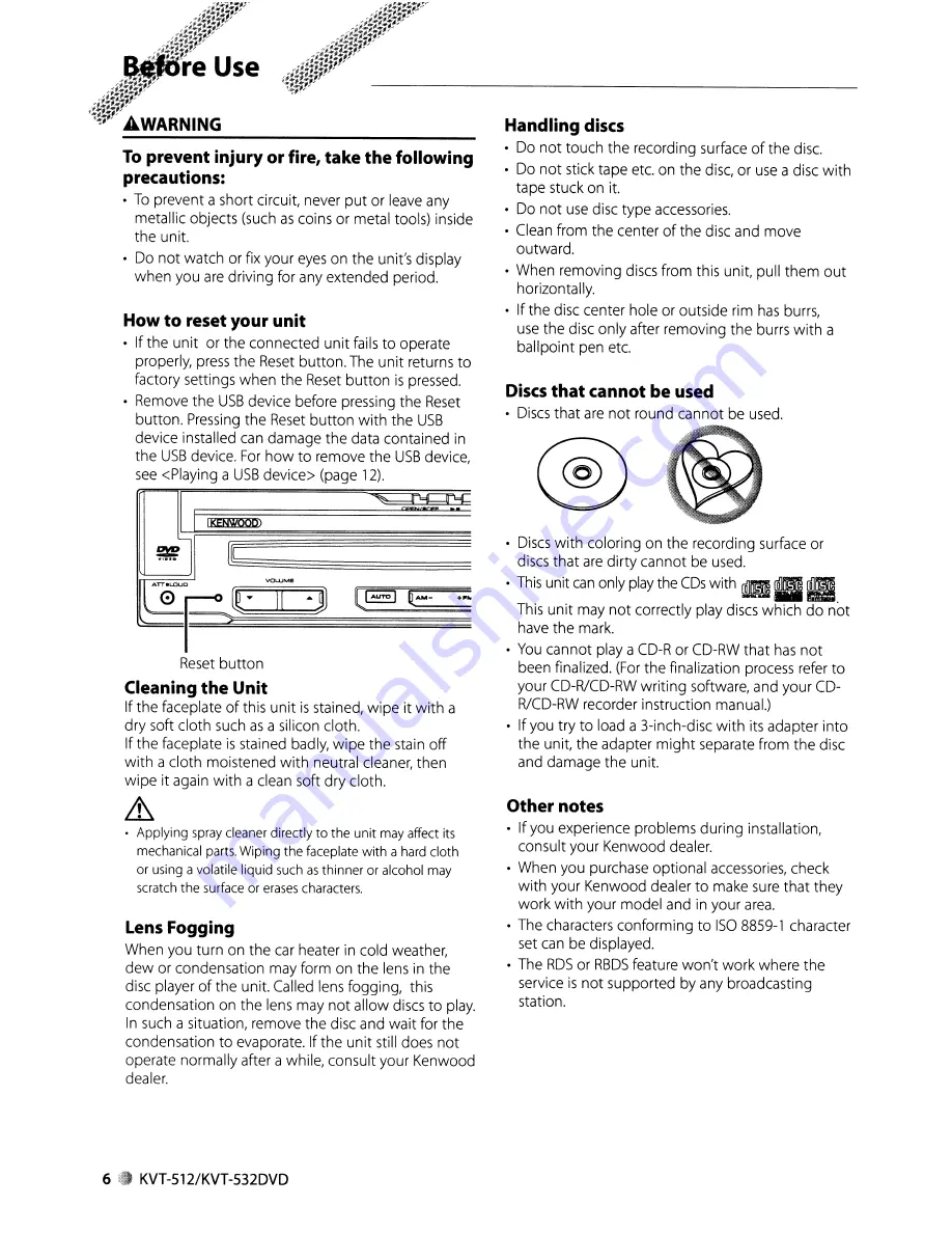 Kenwood KVT-512 Instruction Manual Download Page 6