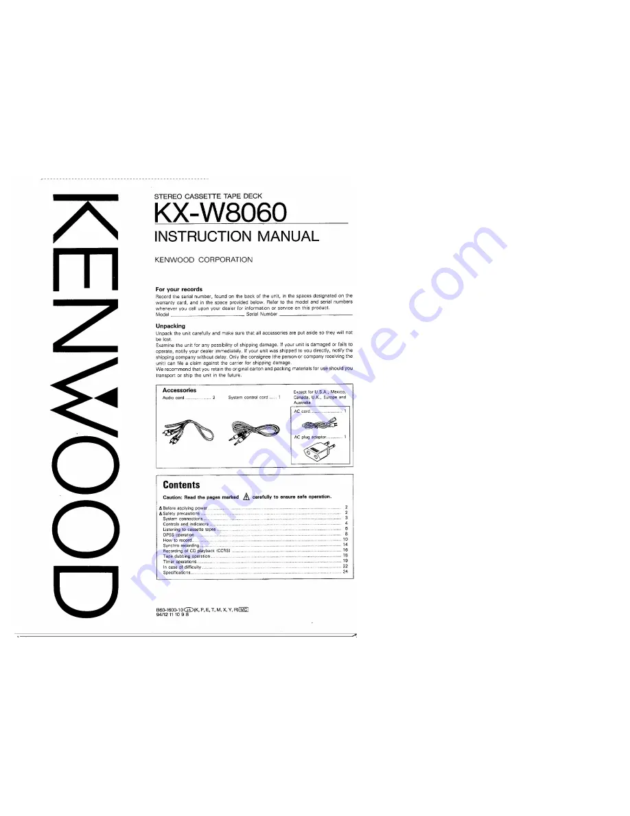 Kenwood KX-W8060 Instruction Manual Download Page 1