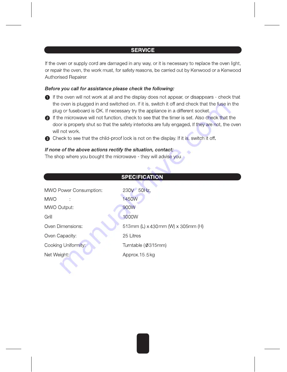 Kenwood mw598 SERIES Instruction Manual Download Page 20