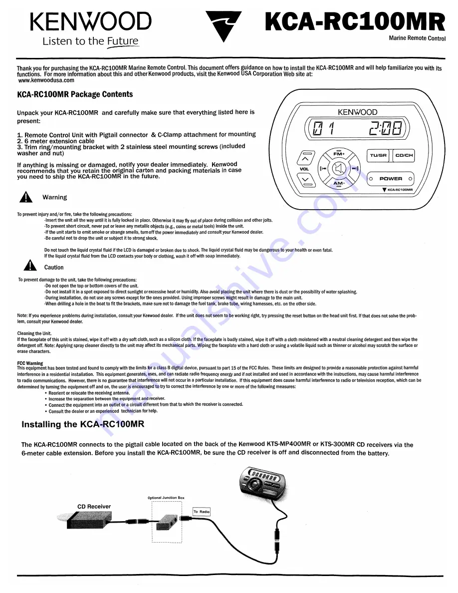 Kenwood RC100MR - Marine CD Receiver Remote Control Unit User Manual Download Page 1