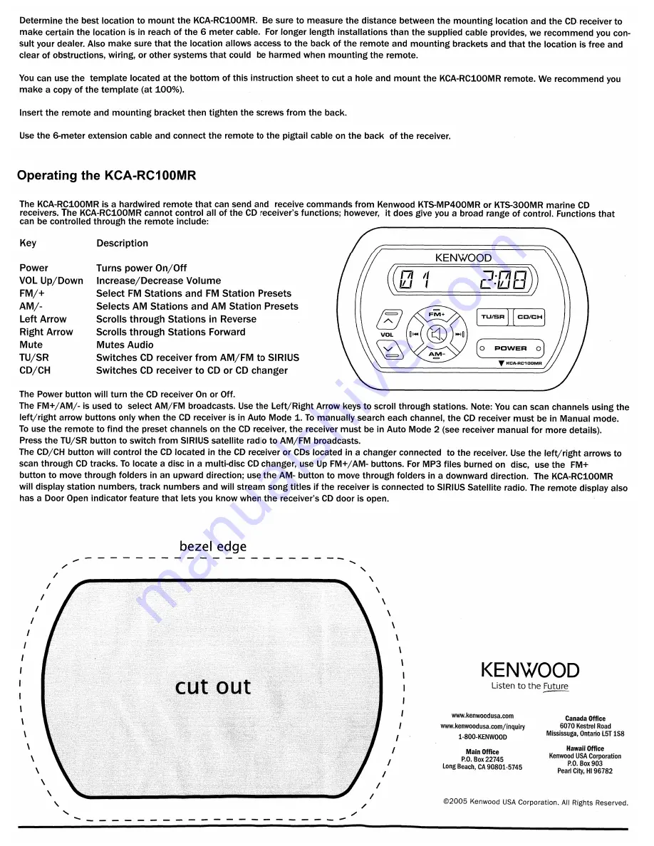 Kenwood RC100MR - Marine CD Receiver Remote Control Unit User Manual Download Page 2