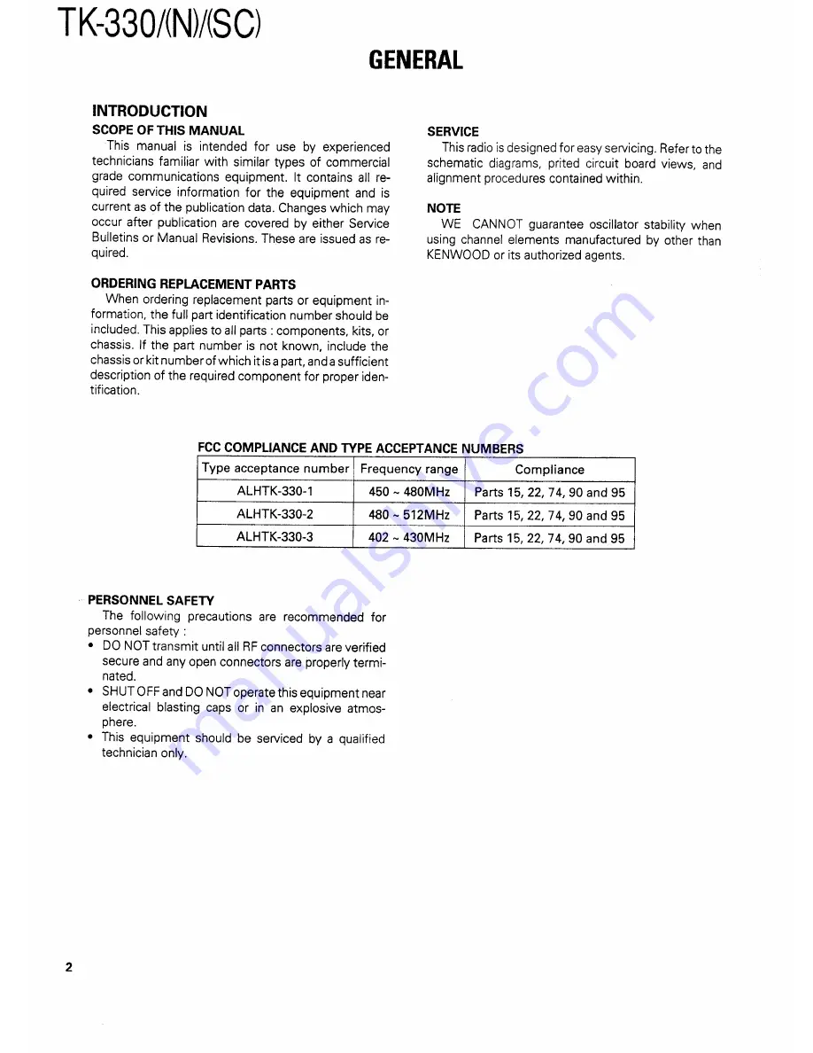 Kenwood TK330 Service Manual Download Page 2