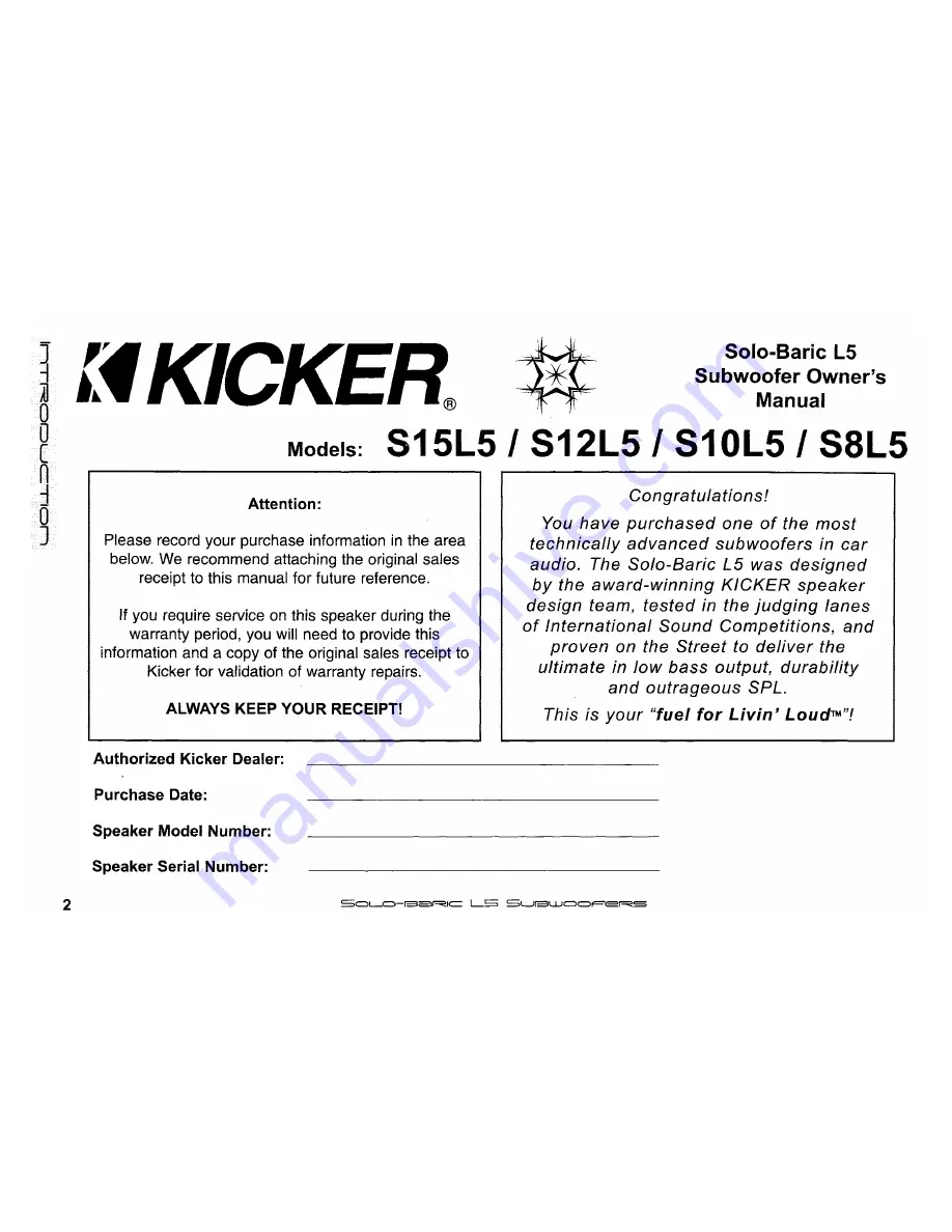 Kicker S12L5 Owner'S Manual Download Page 2