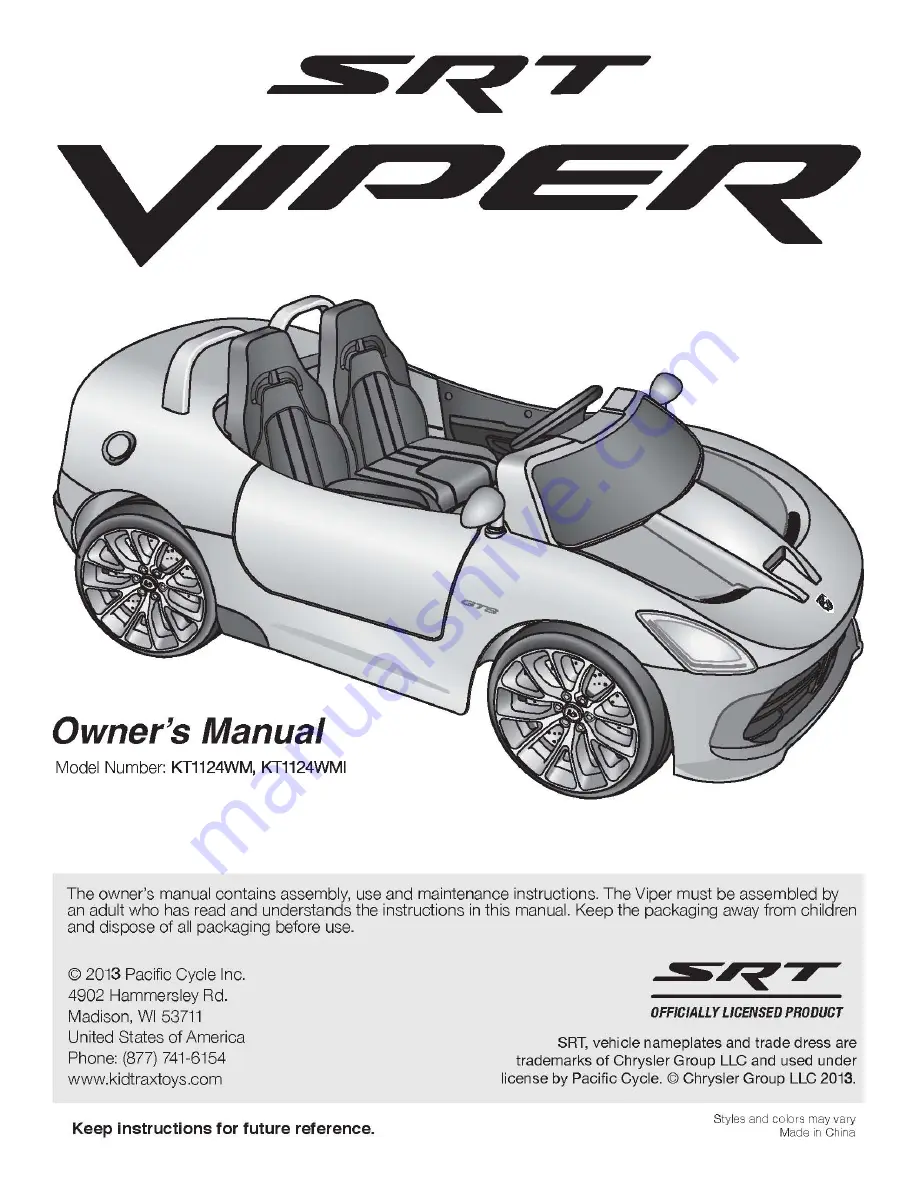 KID Trax SRT Viper KT1124WM Скачать руководство пользователя страница 1