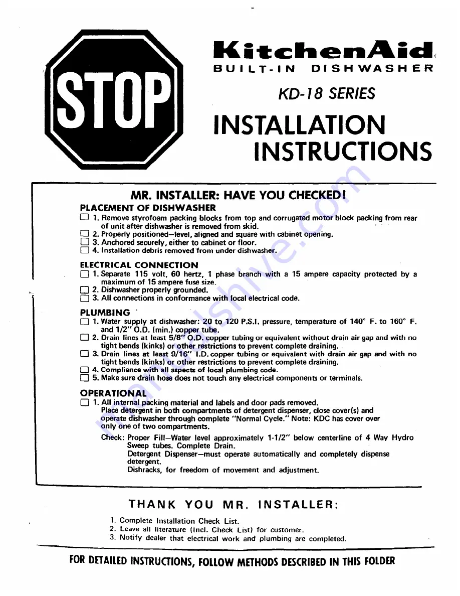 KitchenAid KD I8 SERIES Installation Instructions Manual Download Page 1