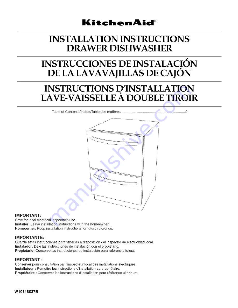 KitchenAid KUDD03DTBL10 Installation Instructions Manual Download Page 1