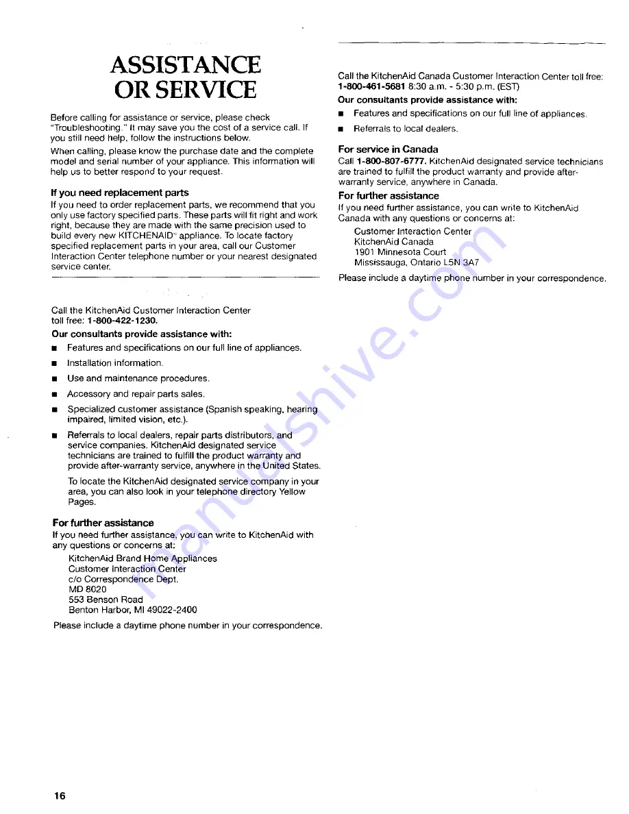 KitchenAid KUDI01TJ Use & Care Manual Download Page 16