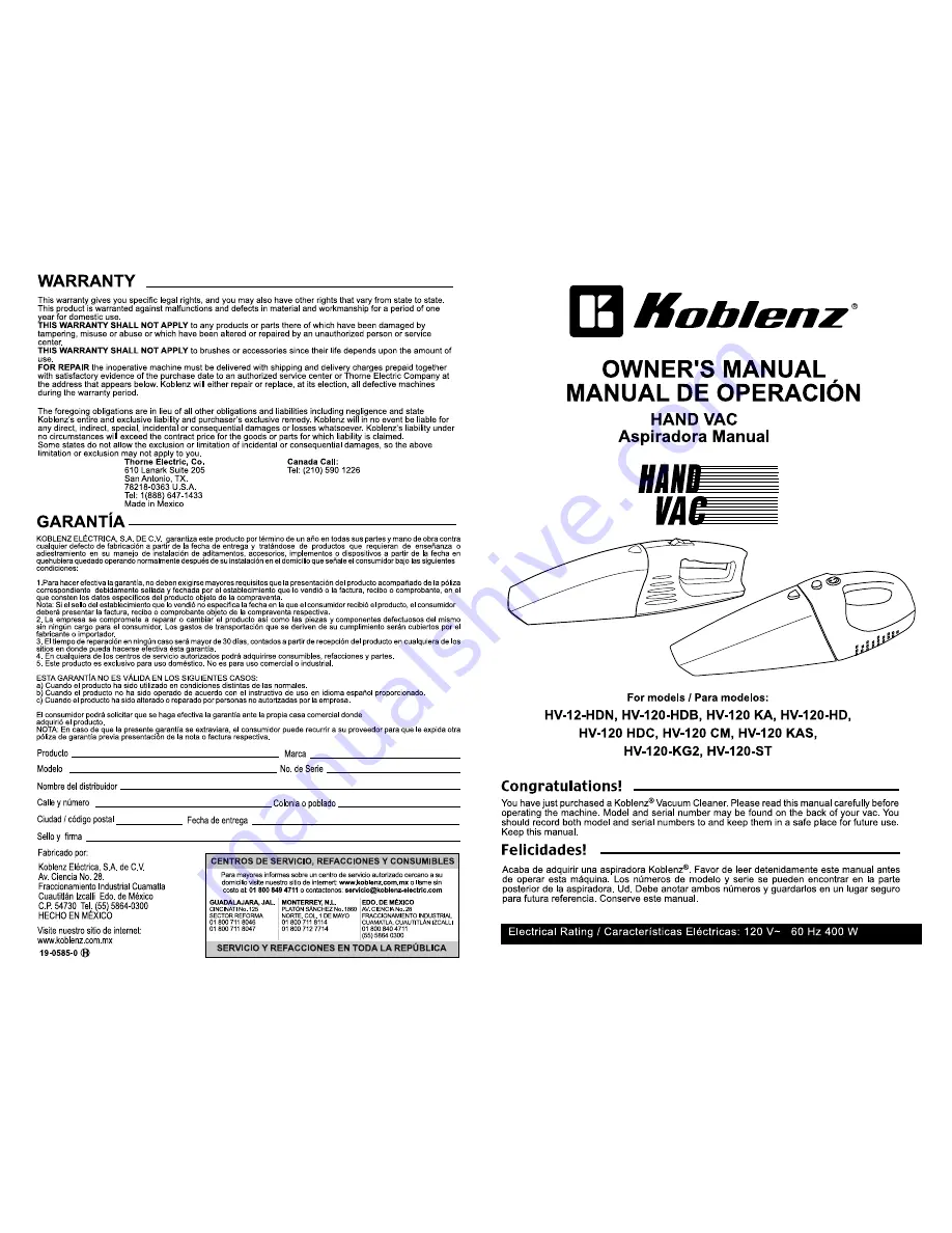 Koblenz HV-12-HDN Owner'S Manual Download Page 1