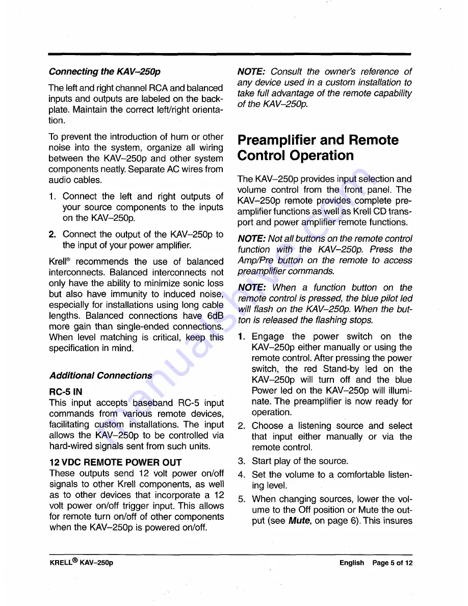 Krell Industries Preamplifier KAV-250p Owner'S Reference Manual Download Page 5