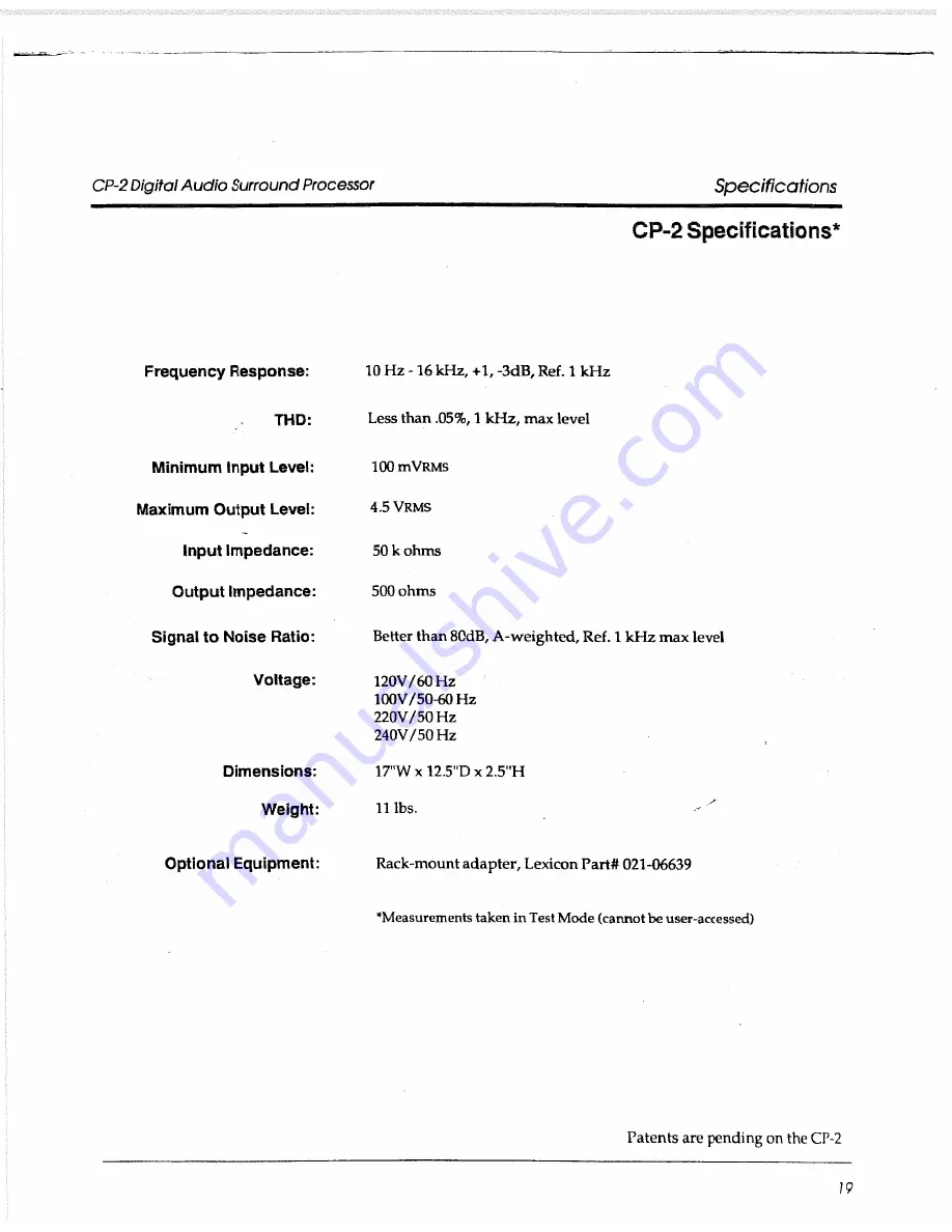 Lexicon CP-2 Owner'S Manual Download Page 19