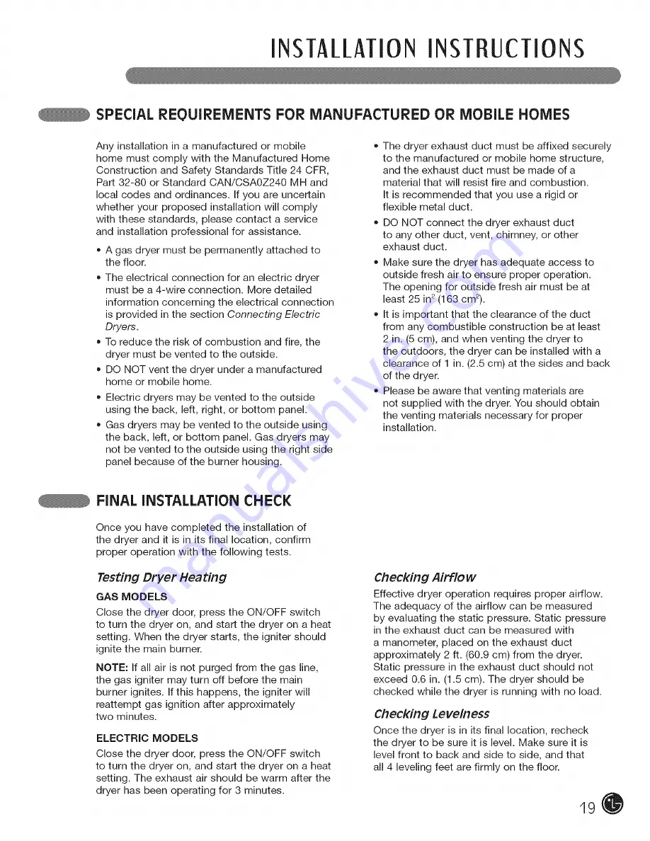 LG 50144803 - DLE5955W 27in Electric Dryer User'S Manual And Installation Instructions Download Page 19