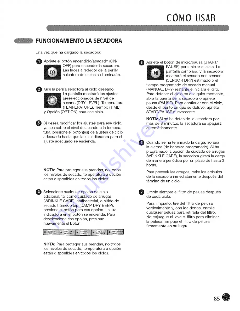 LG 50144803 - DLE5955W 27in Electric Dryer User'S Manual And Installation Instructions Download Page 65