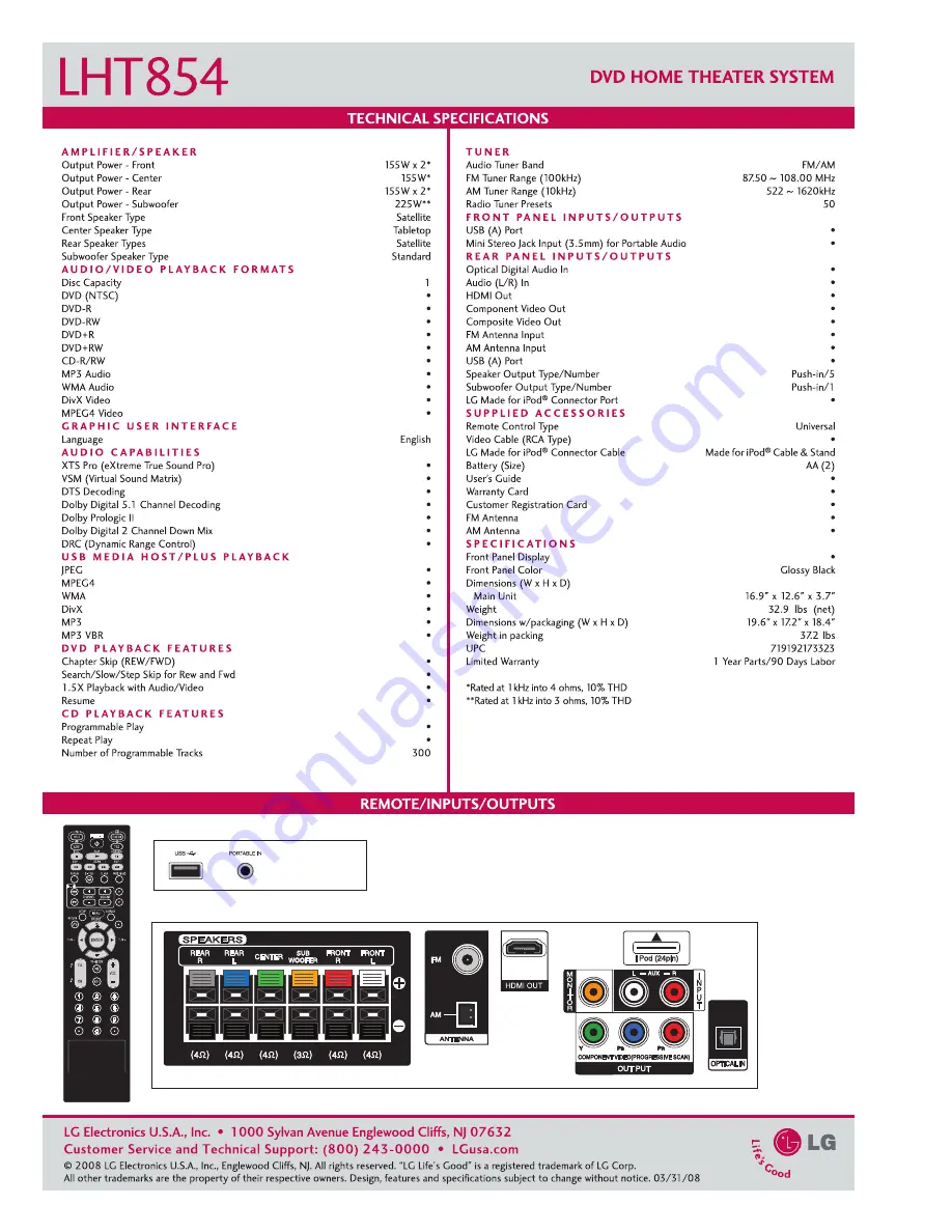 LG HT854 Technical Specifications Download Page 2