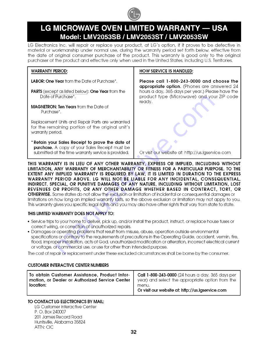 LG LMV2053SB - 2.0 Cu. Ft. Microwave Owner'S Manual Download Page 32