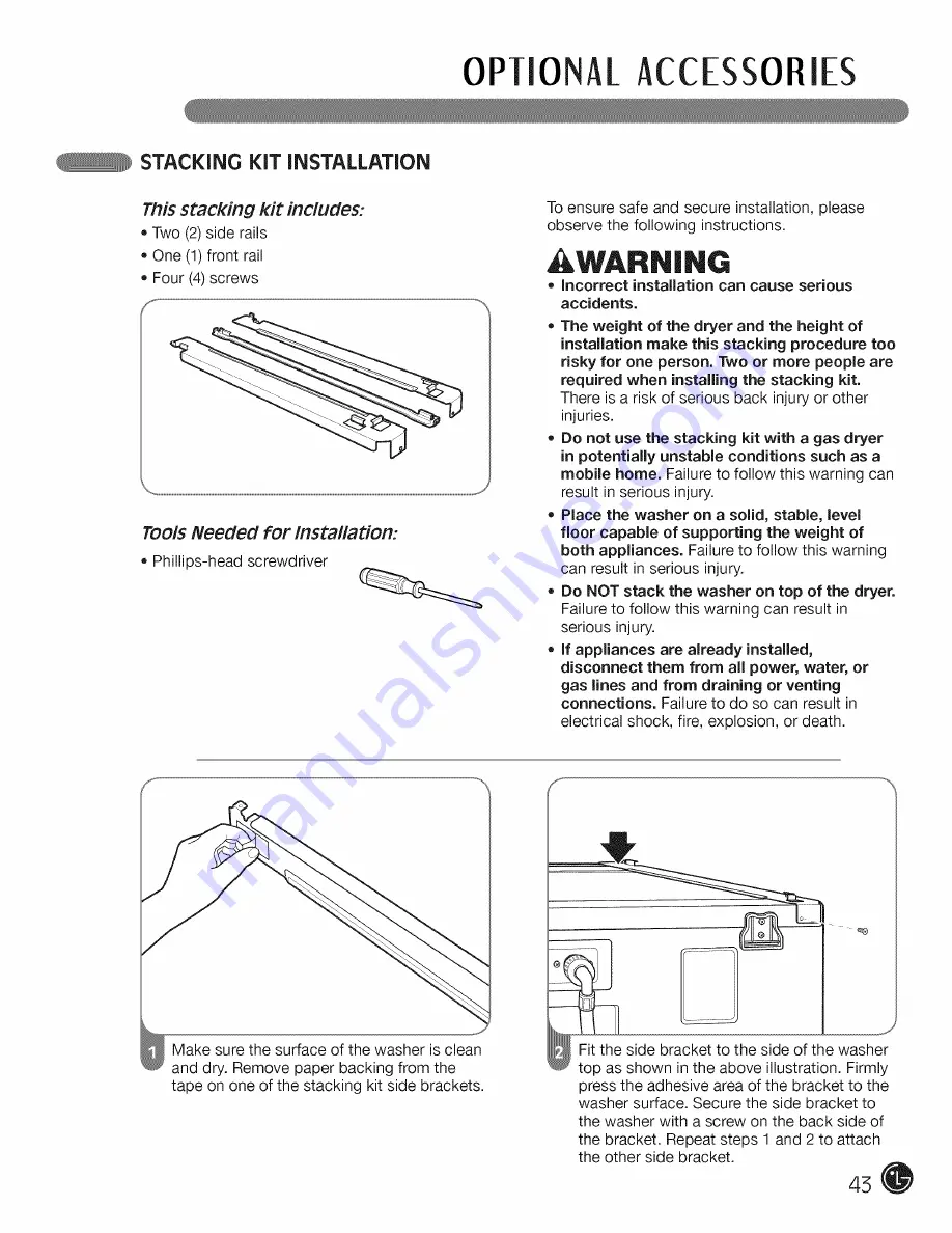 LG STEAM DRYERS DLEX3001P User'S Manual & Installation Instructions Download Page 43