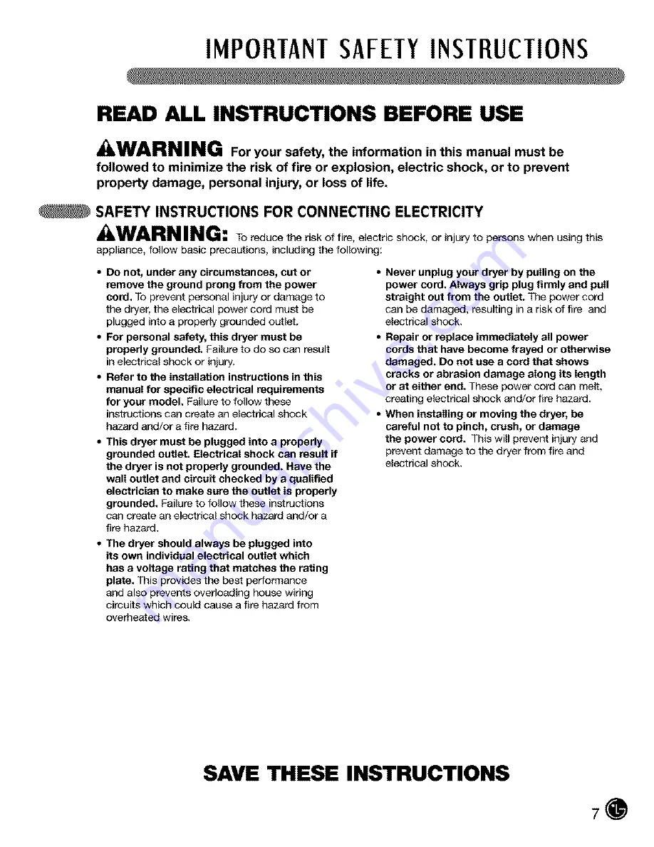 LG Tromm DLE5955G User'S Manual & Installation Instructions Download Page 7