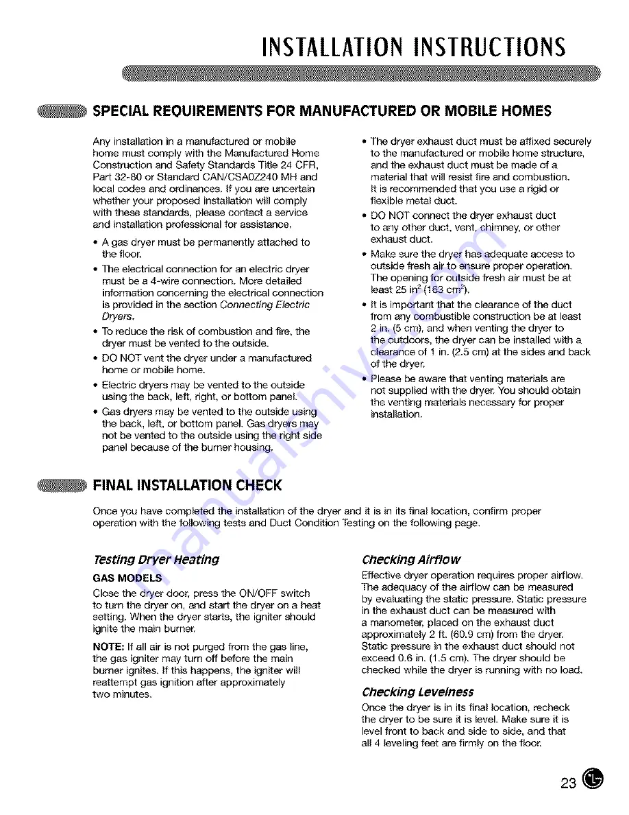 LG Tromm DLE5955G User'S Manual & Installation Instructions Download Page 23