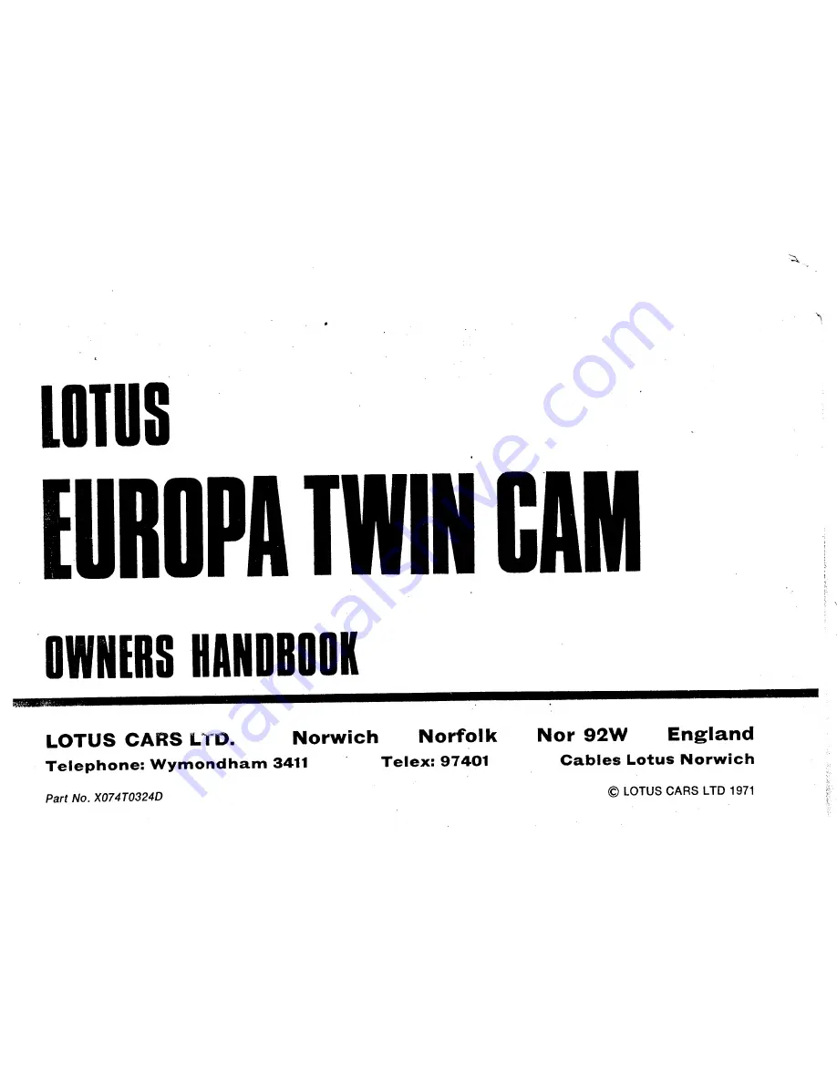 Lotus Europa Twin Cam Owner'S Handbook Manual Download Page 1