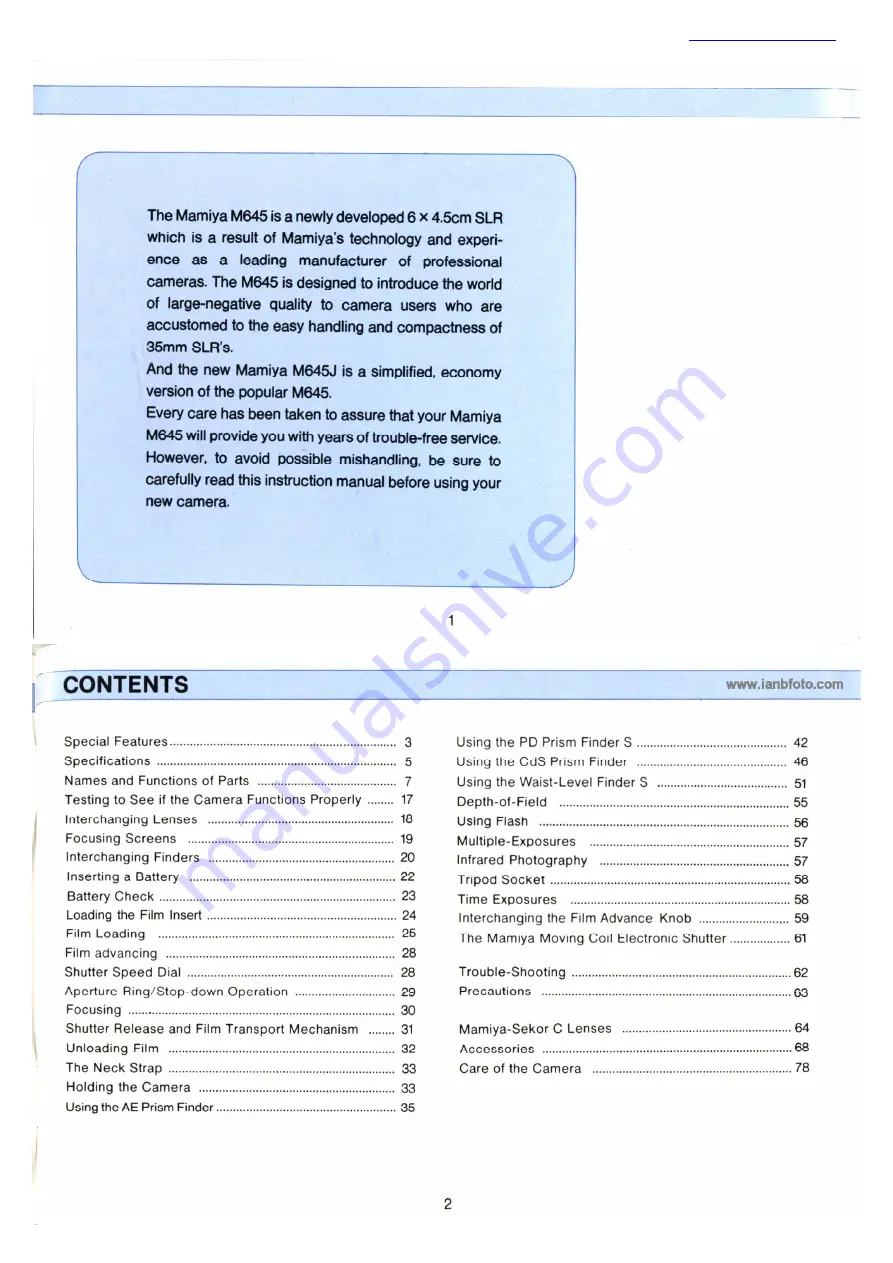 Mamiya M645J Instructions Manual Download Page 2