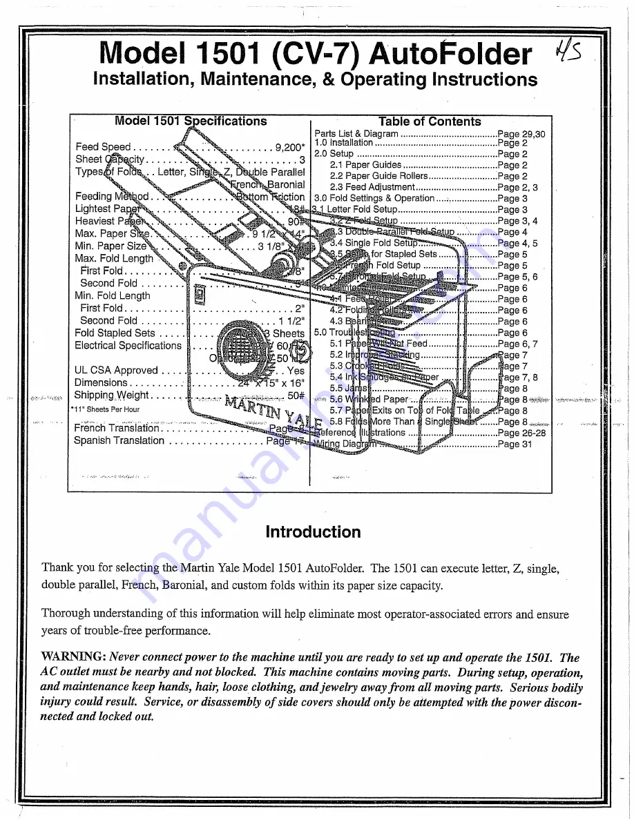 Martin Yale 1501 CV-7 Installation, Maintenance & Operating Instructions Download Page 1