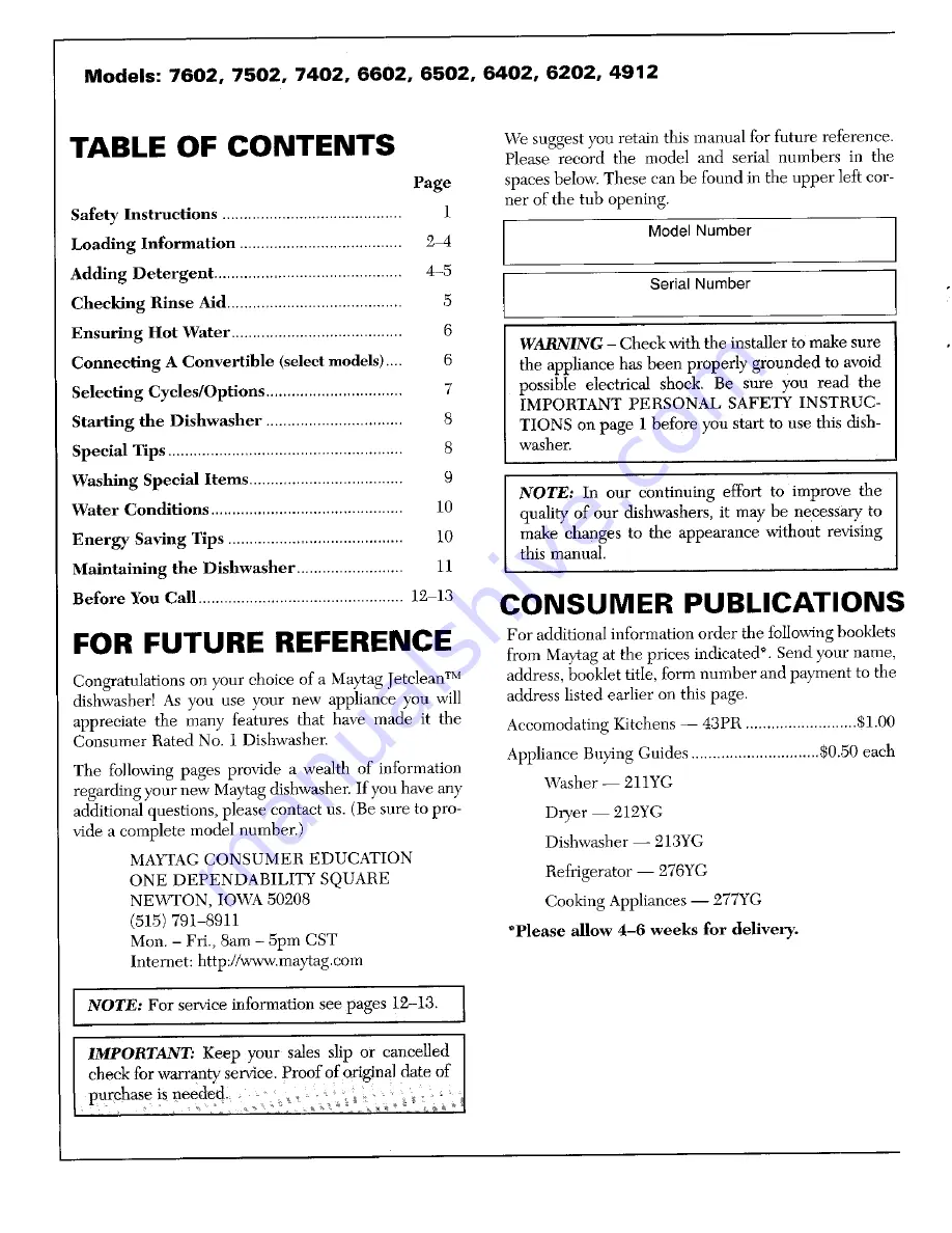 Maytag 4912 User Instructions Download Page 1