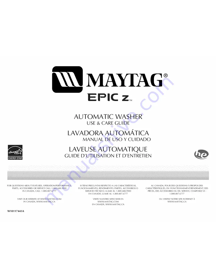 Maytag MHWZ600TE - Epic Z Front Load Washer Use And Care Manual Download Page 1