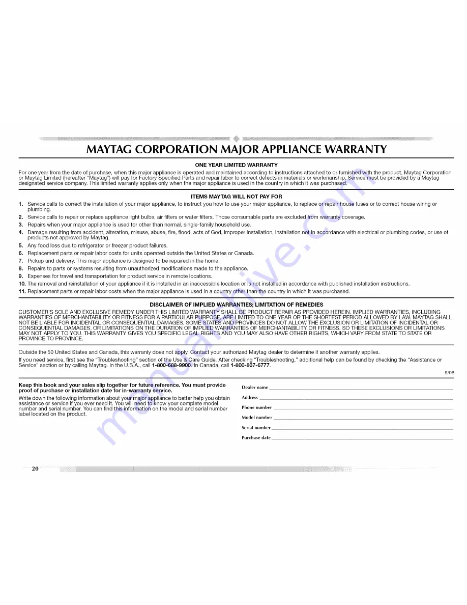 Maytag MTW5600TQ - Centennial Washer Use And Care Manual Download Page 20