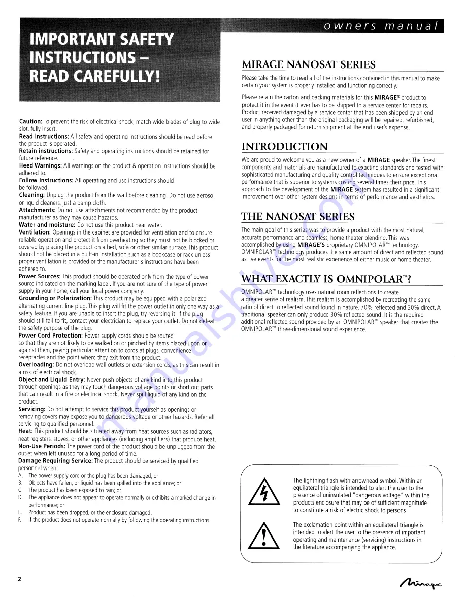 Mirage NANOSAT Owner'S Manual Download Page 2