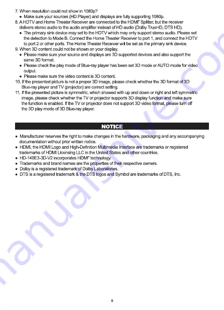 Monoprice HD-140E3-3D 1x4 Pro Series Quick Manual Download Page 8