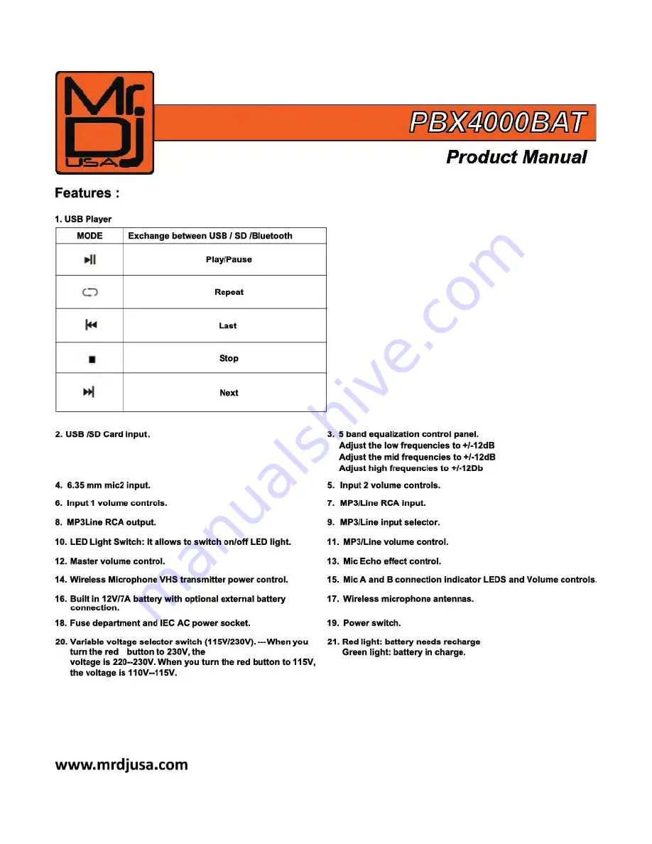 MR DJ USA INC PBX4000BAT Скачать руководство пользователя страница 6