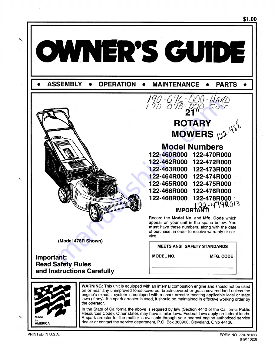 MTD 122-460R000 Owner'S Manual Download Page 1