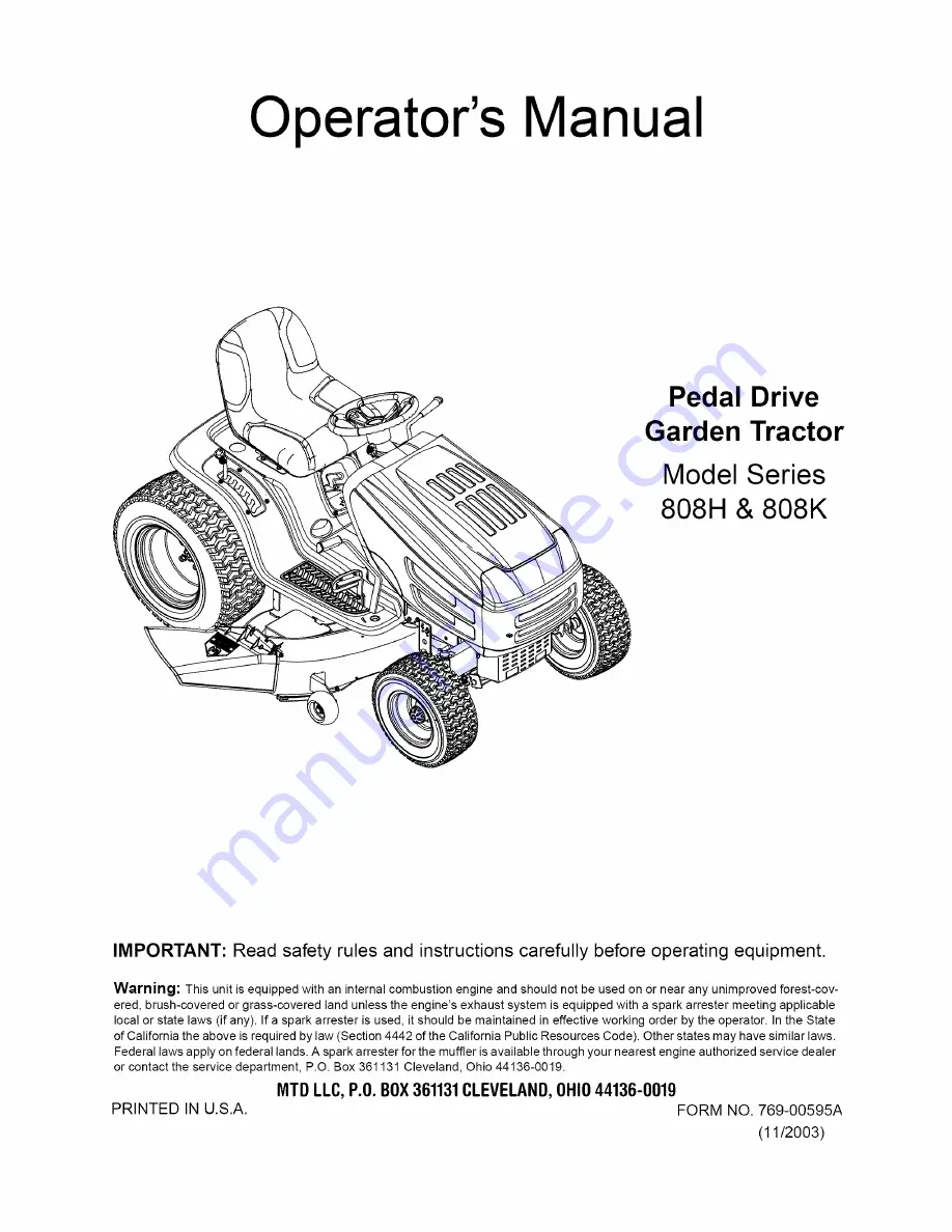 MTD 808H Series Operator'S Manual Download Page 1