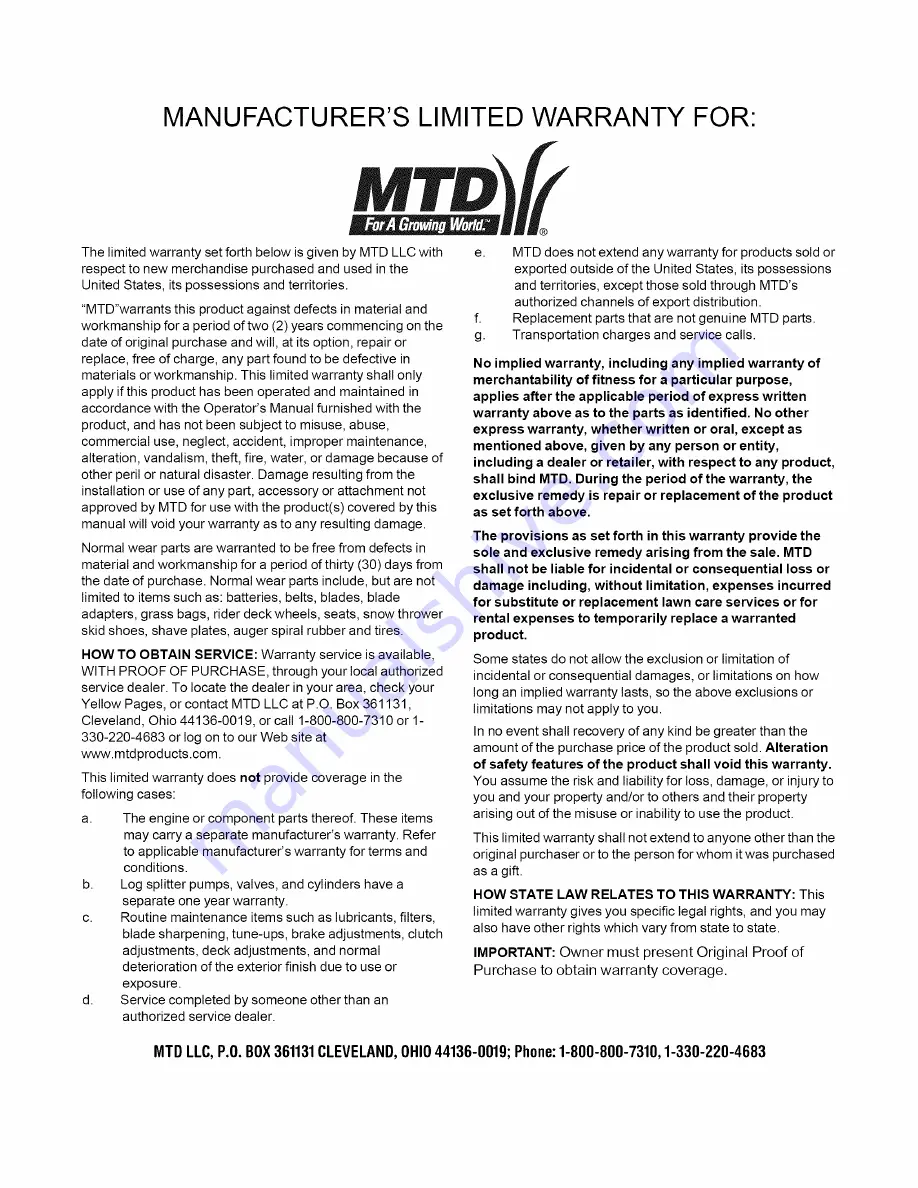 MTD 808H Series Operator'S Manual Download Page 48