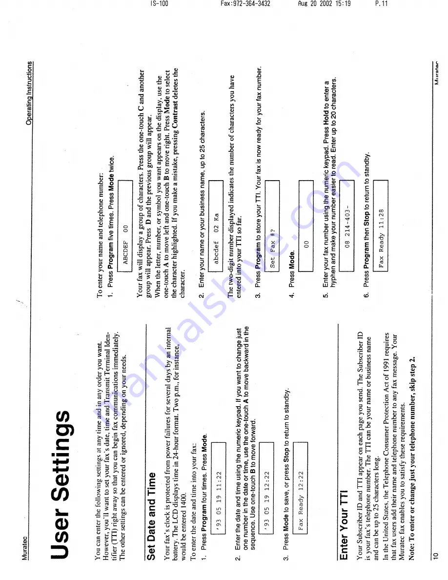 Muratec F-46 Operating Instructions Manual Download Page 11